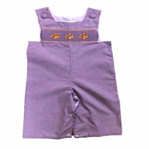 NWT Precious Kids LSU Tiger Paw Print Smocked Jon Jon Longall One Piece